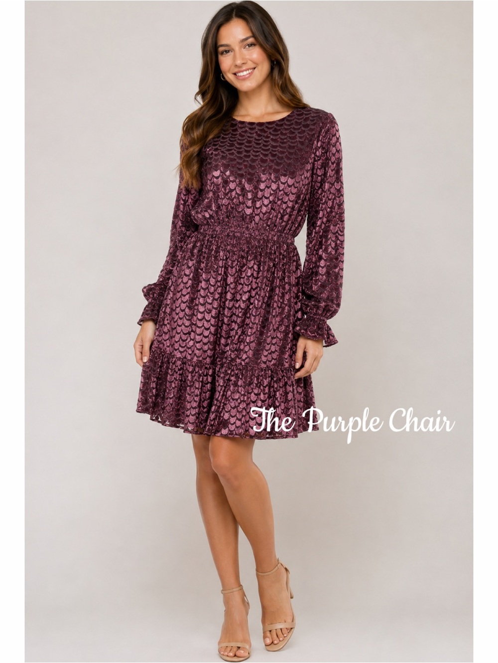 NWT Michael Kors Velvet Dress Cordovan Plum Burgundy Long Sleeve Ruffle Hem Sz S